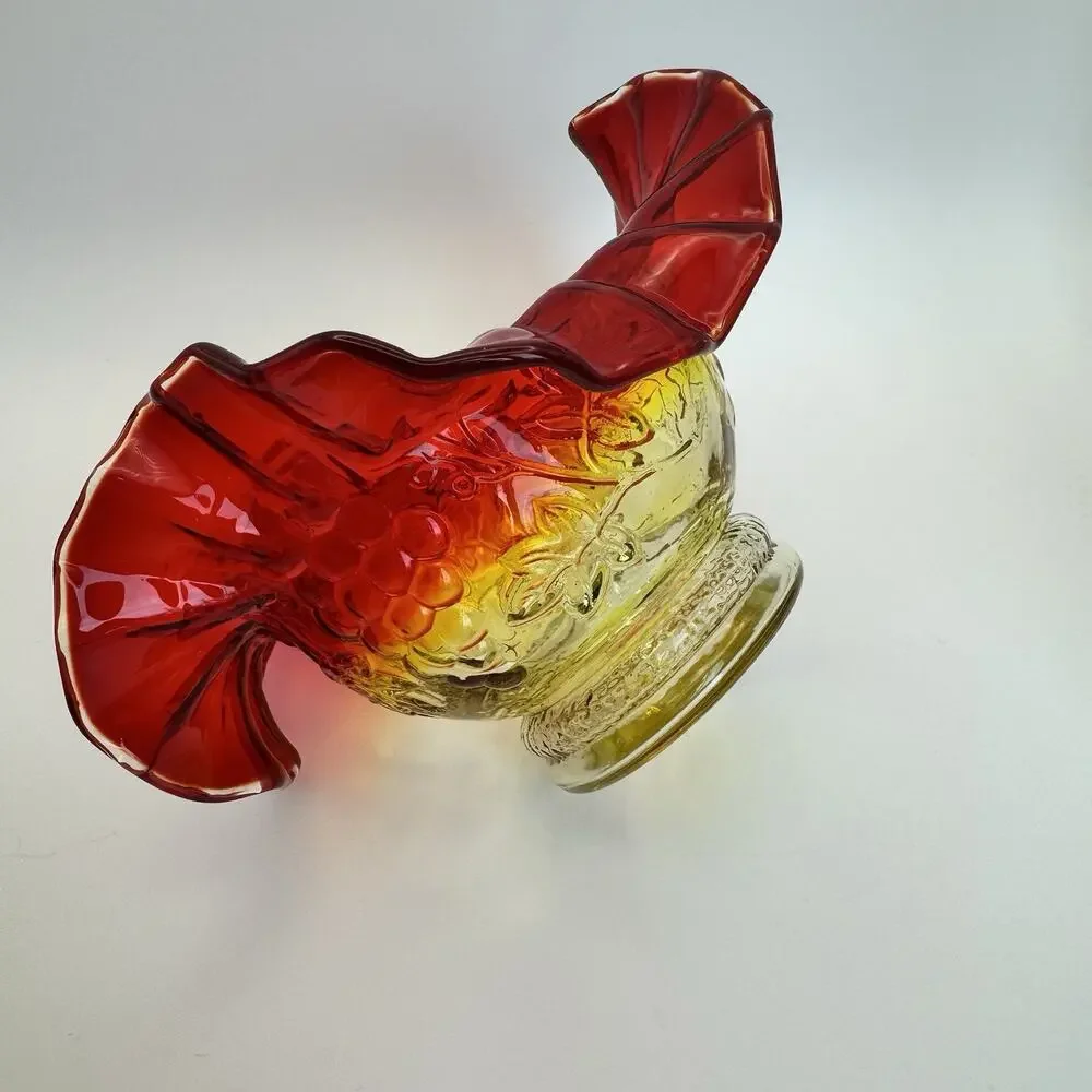 Vintage Amberina Glass Bowl bon bon Grape leaf Design Fluted Ruffled Edges GLOWS